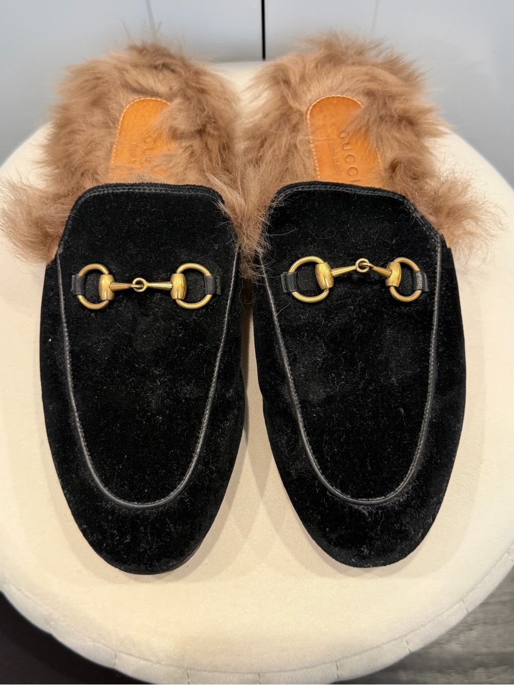 Gucci Black Velvet Fur-Lined Horsebit Slip-On Loafers